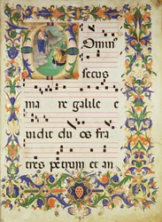 Missel 515 f.1r Page de musique chorale avec une initiale historiée 